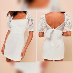 Lulus Charming Potential White Organza Backless Puff Sleeve Mini Dress, Large